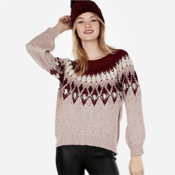 Express Fair Isle Drop Sleeve Mauve Maroon Sweater Medium - Picture 2 of 10